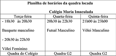 horário nas quadras